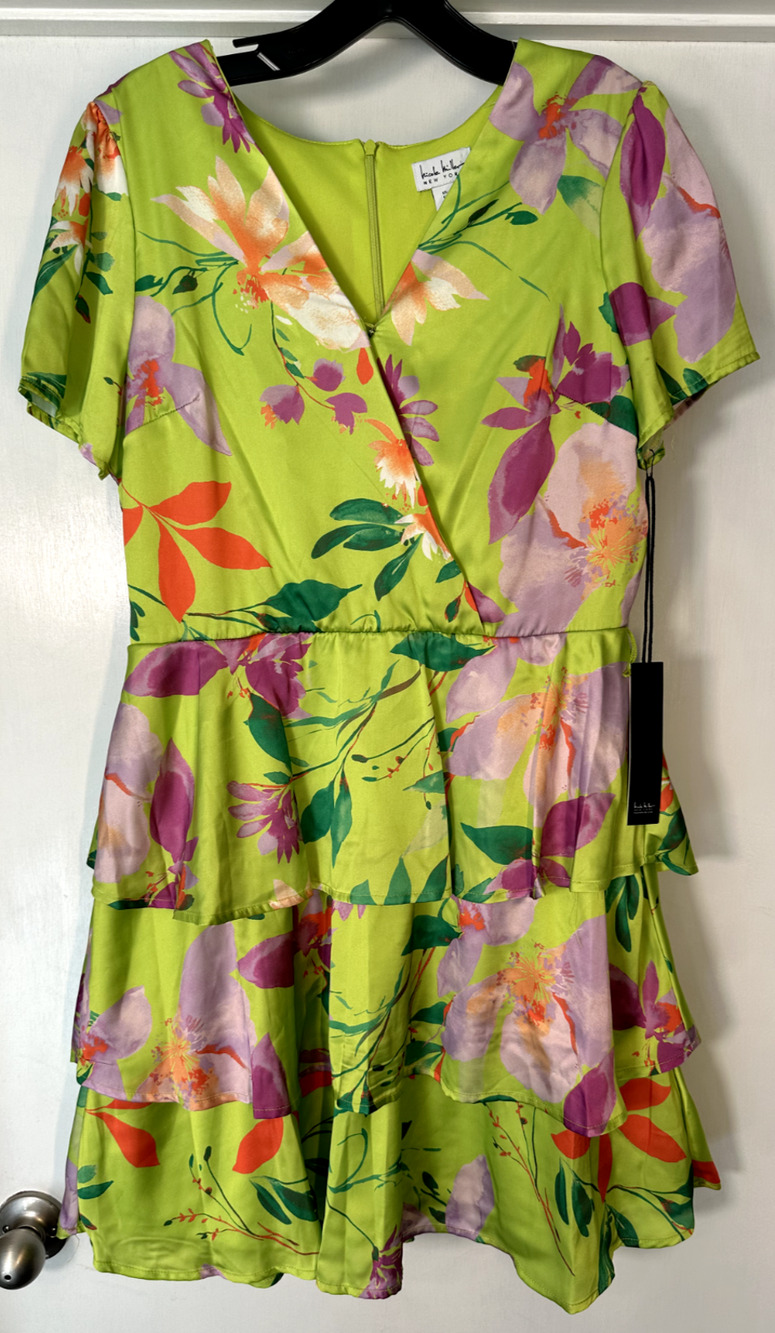 Nicole Miller Satin Neon Green Floral Tiered Ruffle Dress Womens Size M NEW